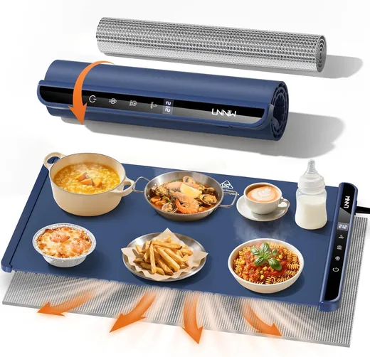 LNNIW food warming mat 26x15 inch in dark blue with heat-resistant pad and a spread of warm dishes
