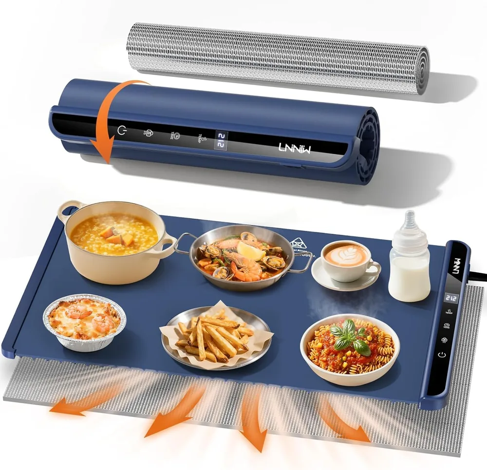 LNNIW food warming mat 26x15 inch in dark blue with heat-resistant pad and a spread of warm dishes
