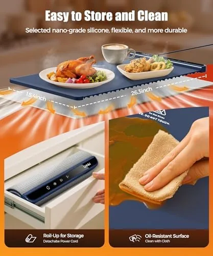 LNNIW roll-up food warming mat in dark blue – easy to store and oil-resistant surface wipes clean