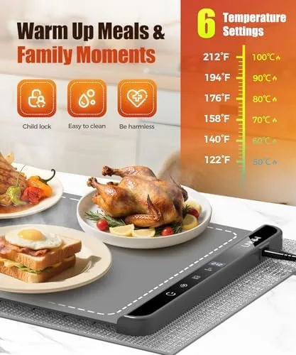LNNIW 36x15 warming tray with 6 temperature settings from 122°F to 212°F and child lock