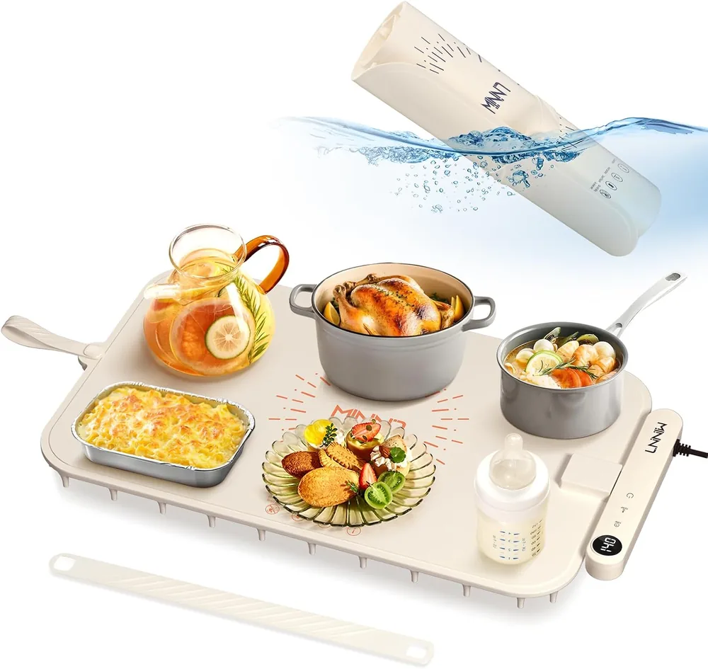 LNNIW waterproof food warming mat in cream with color-changing surface and dishes of warm food